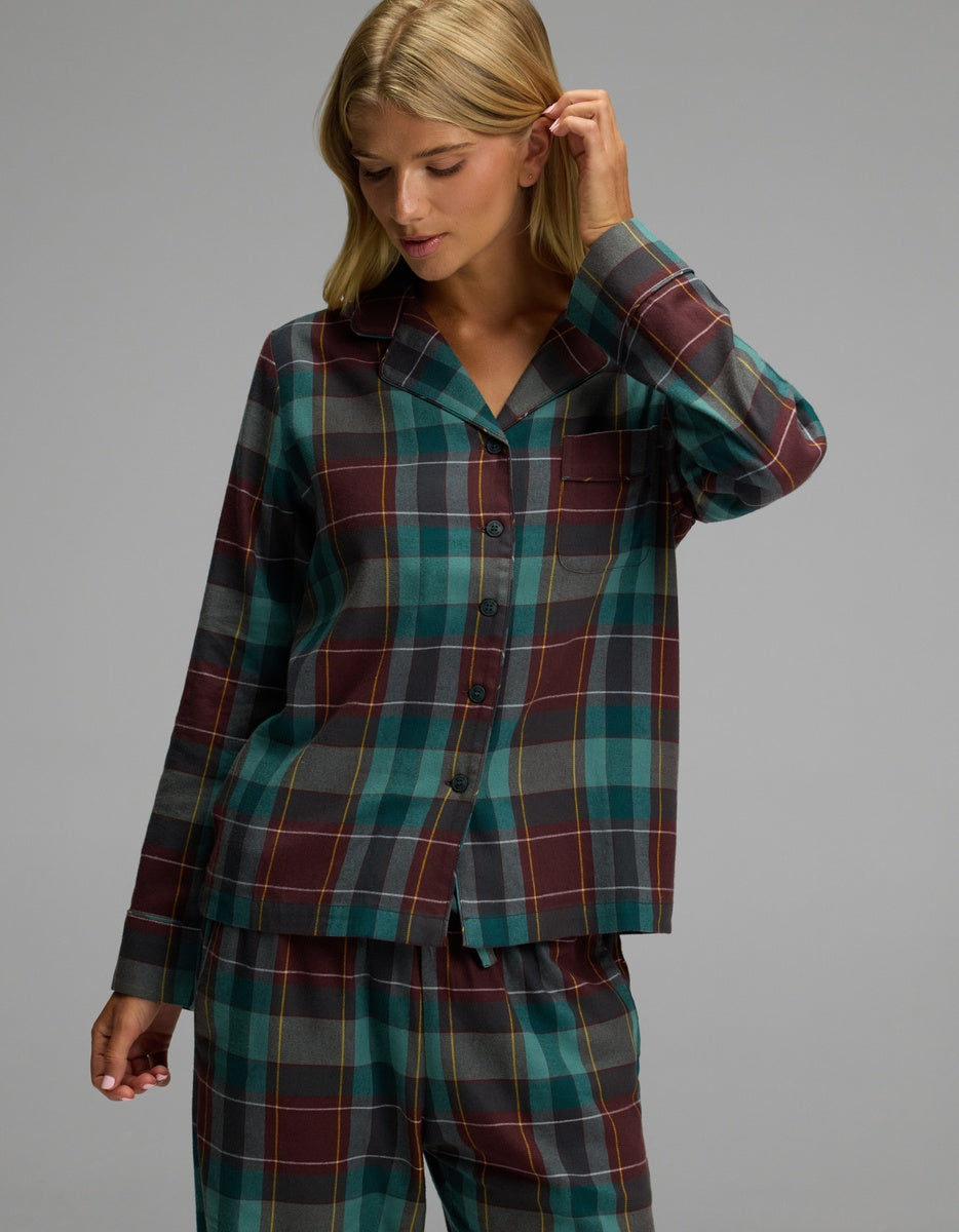 Cozy Earth Women’s Farmhouse Long Sleeve Pajama Top in a dark teal, maroon, and yellow plaid pattern with a notched collar and chest pocket.