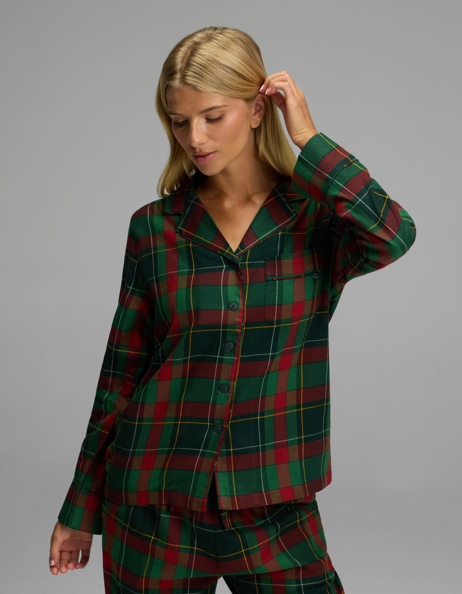 Cozy Earth Women’s Farmhouse Long Sleeve Pajama Top in a green, red, and yellow plaid pattern with a notched collar and chest pocket.