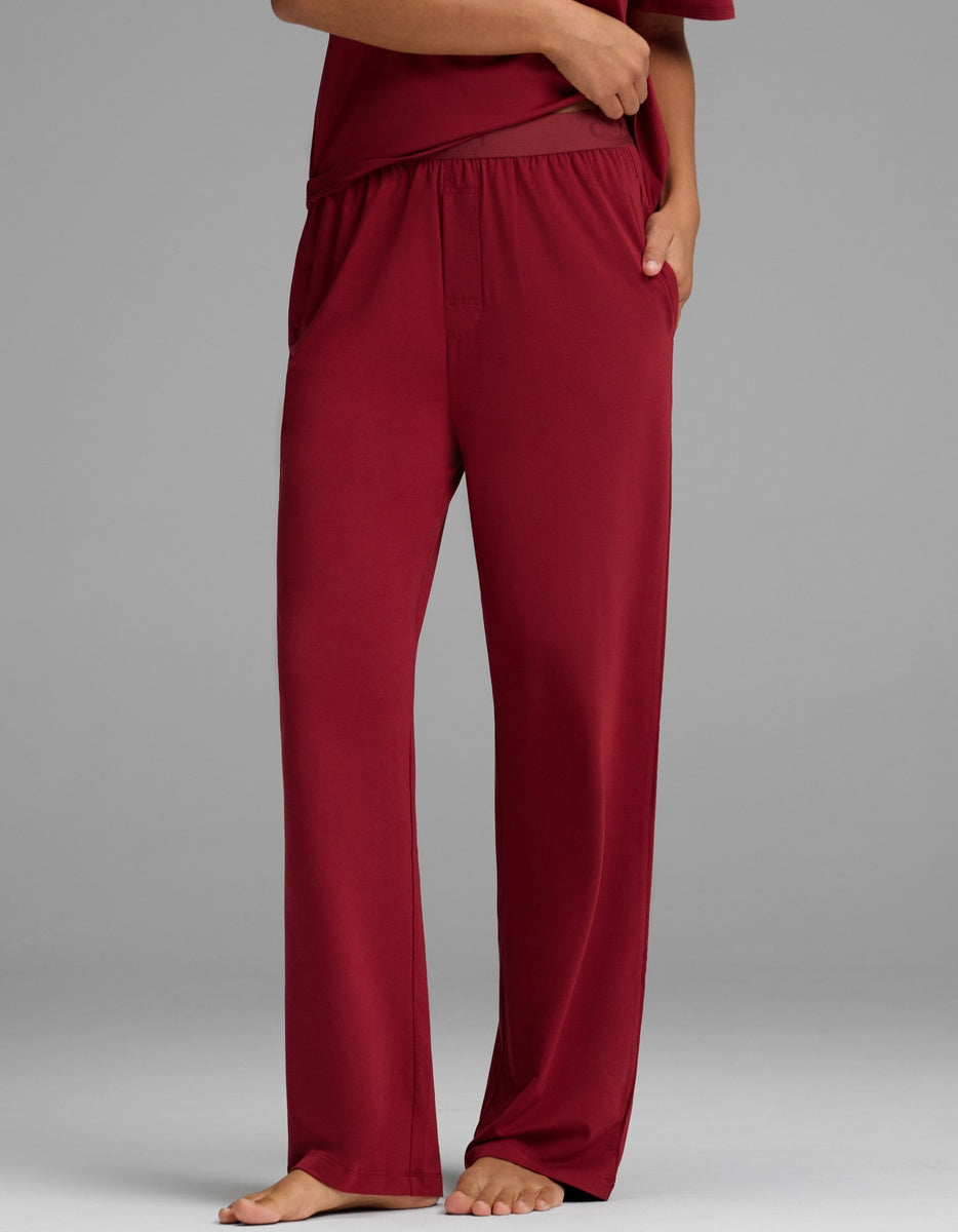 Cozy Earth Women’s First Layer Pajama Pant in deep red, featuring a wide elastic waistband and side pockets.