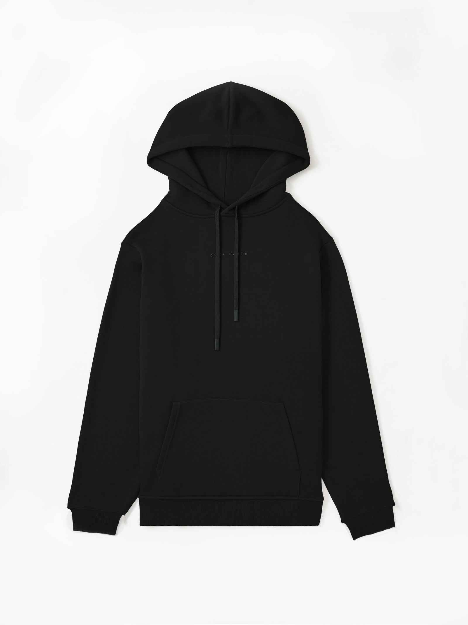Flat lay of black cityscape hoodie with white background 