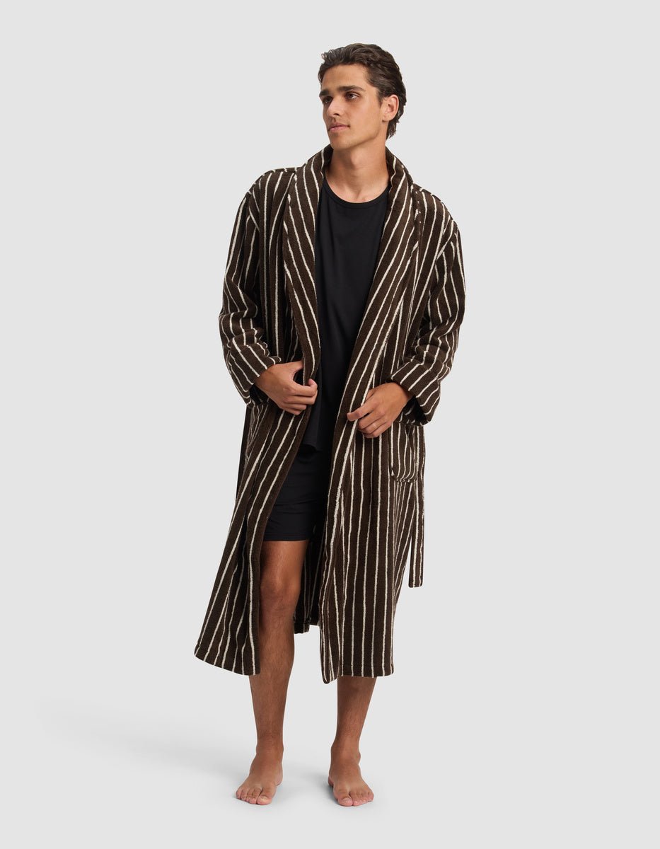 Man wearing a Cozy Earth Striped Luxe Bathroom in Espresso on a white background