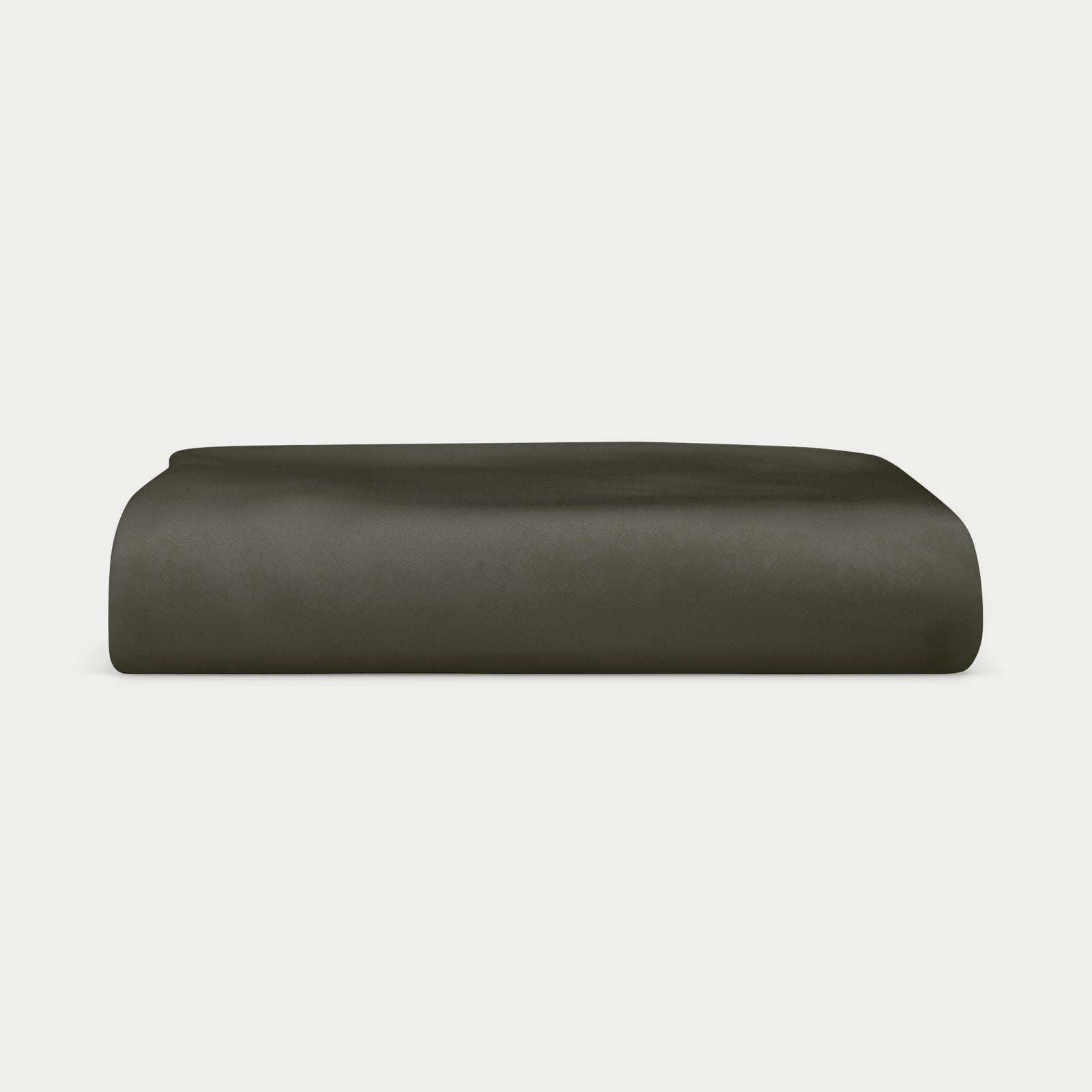 A neatly folded Bamboo Fitted Sheet in dark olive green by Cozy Earth is displayed against a plain white background.