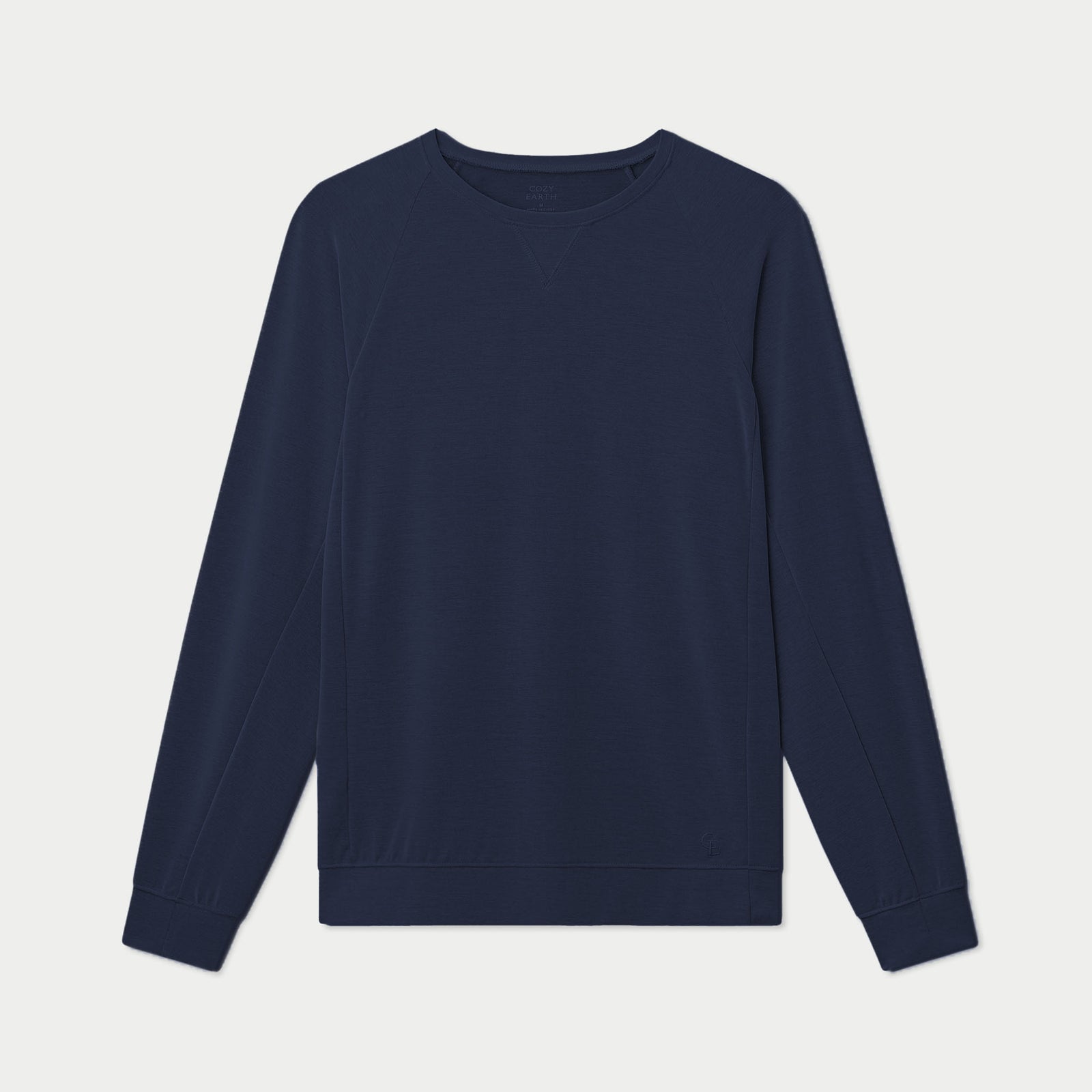 The Men's Modern Modal Raglan Pullover Crew by Cozy Earth is a plain dark blue crewneck sweatshirt with long sleeves and ribbed cuffs, displayed on a white background. The design is minimalistic without any visible logos or patterns.
