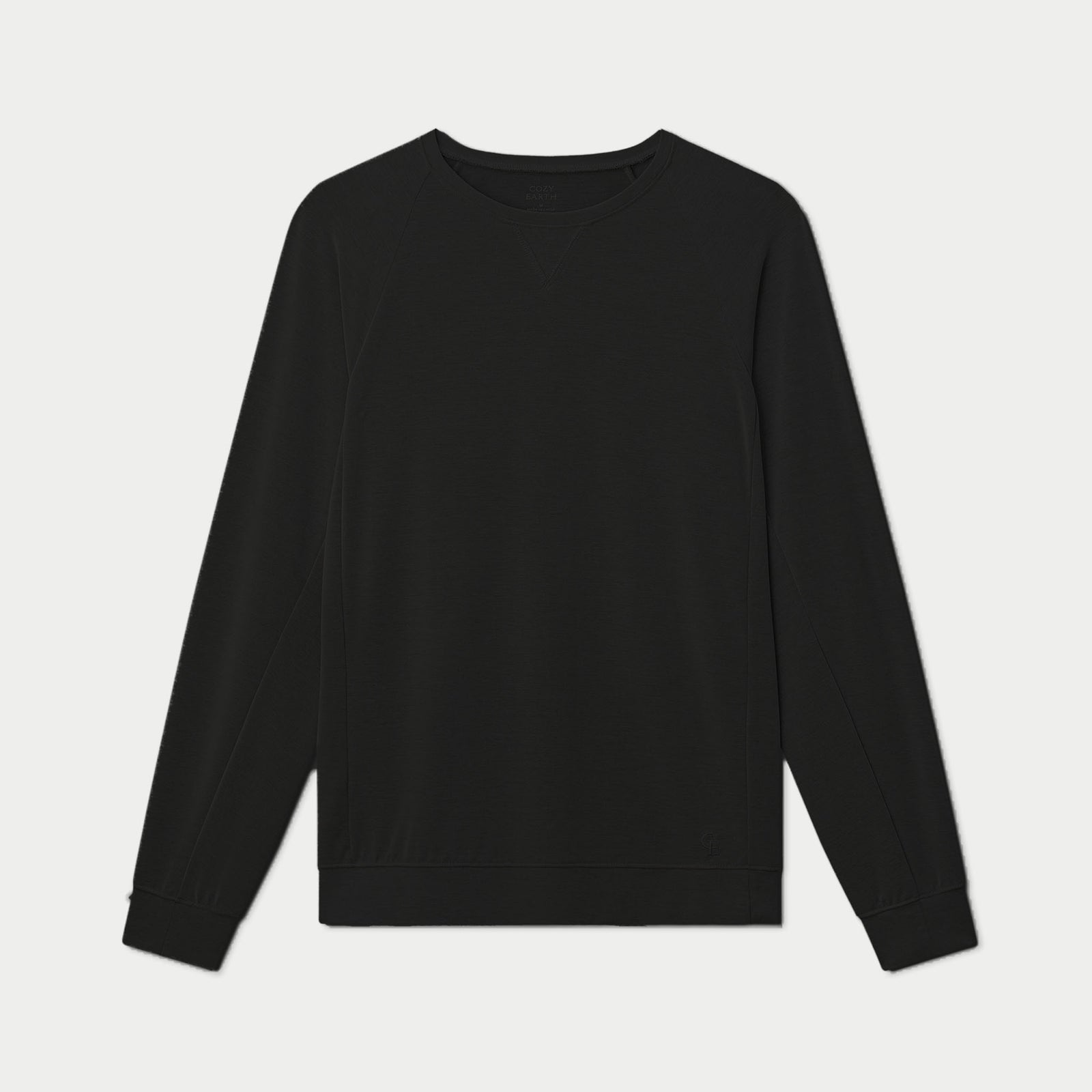 Displayed against a white background, the Cozy Earth Men's Modern Modal Raglan Pullover Crew is a plain black long-sleeve sweatshirt featuring a round neckline, ribbed cuffs, and a ribbed hem.
