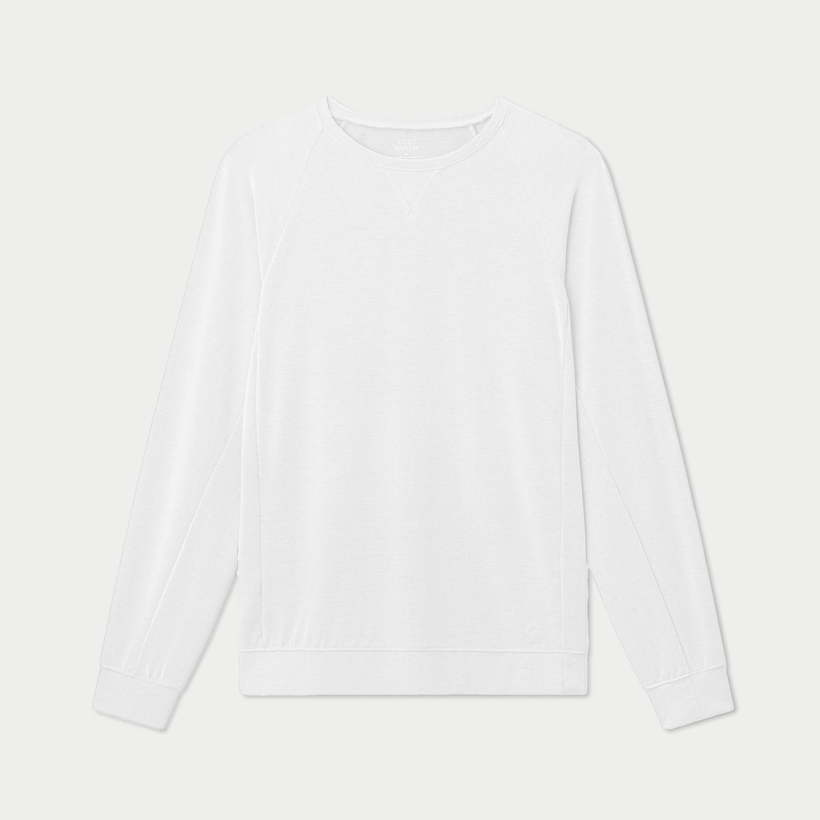 A plain, long-sleeved, white Men's Modern Modal Raglan Pullover Crew by Cozy Earth with ribbed cuffs and a ribbed hem, displayed against a white background. The design is minimalistic and clean, featuring a subtle V-stitch detail at the neckline.
