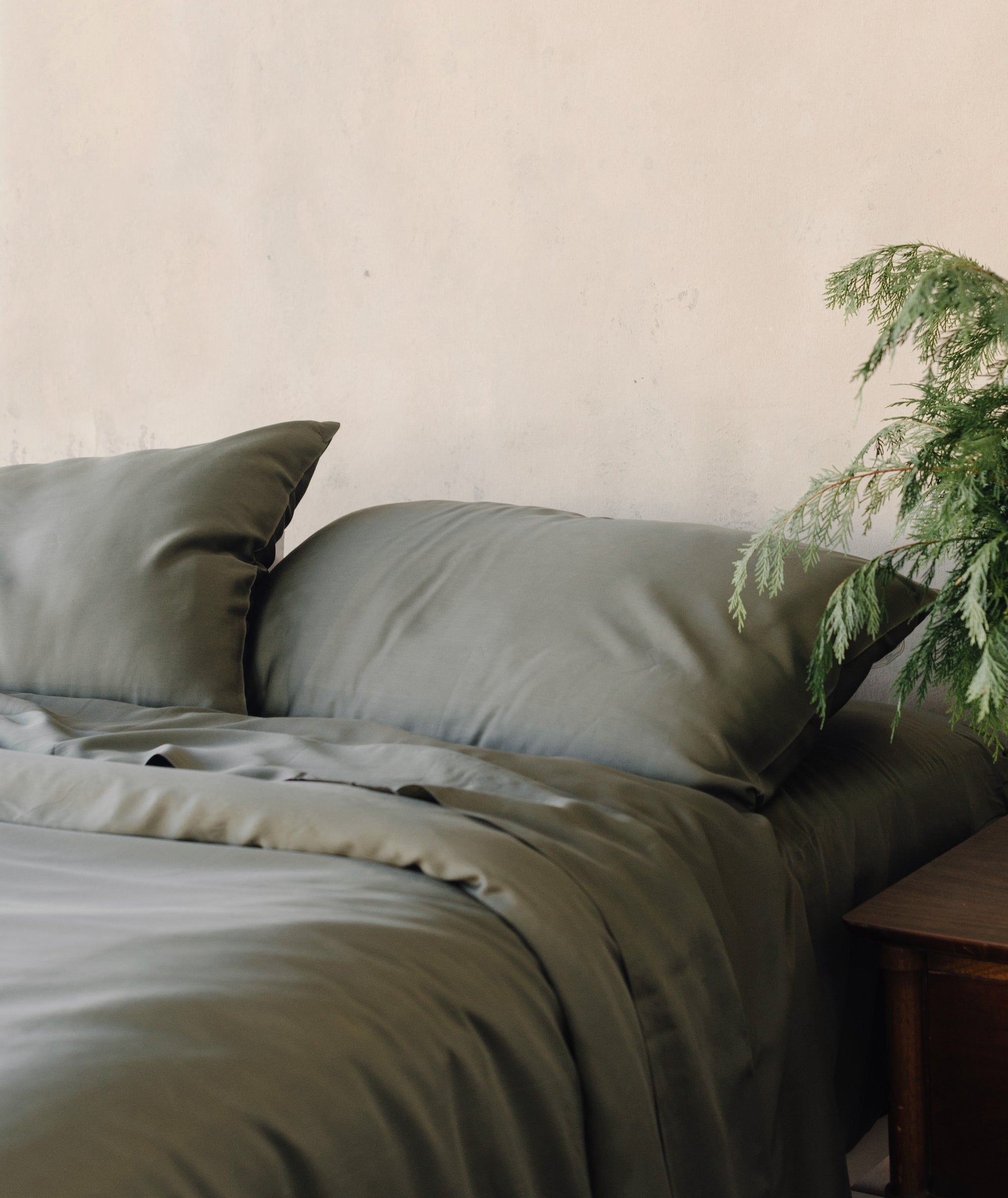 Bed with olive bedding and plant on the nightstand 