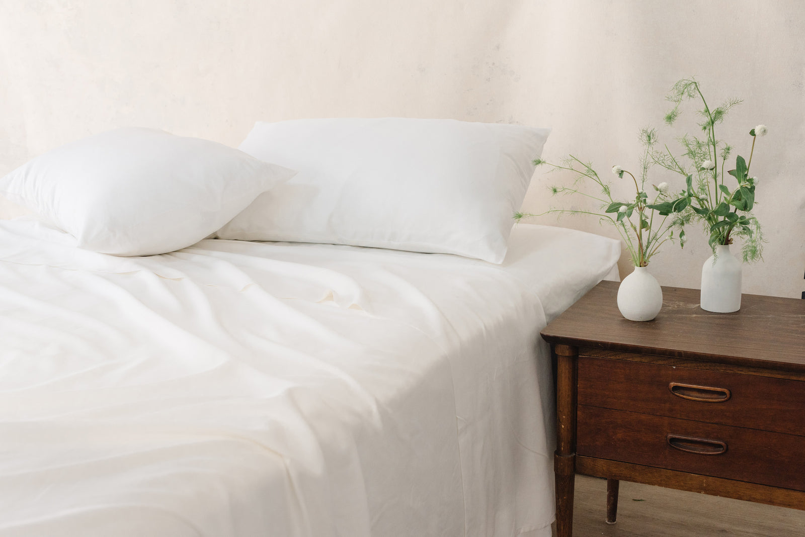 White Linen Bamboo Fitted Sheet on bed.  
