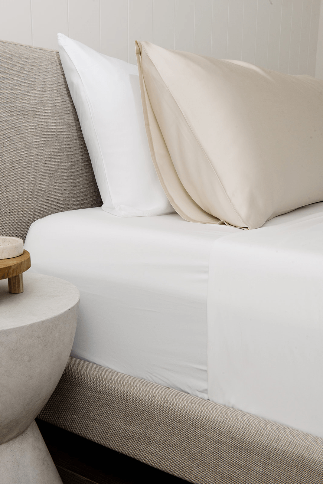 Oat pillowcase on bed with other pillow behind it standard/king/body 