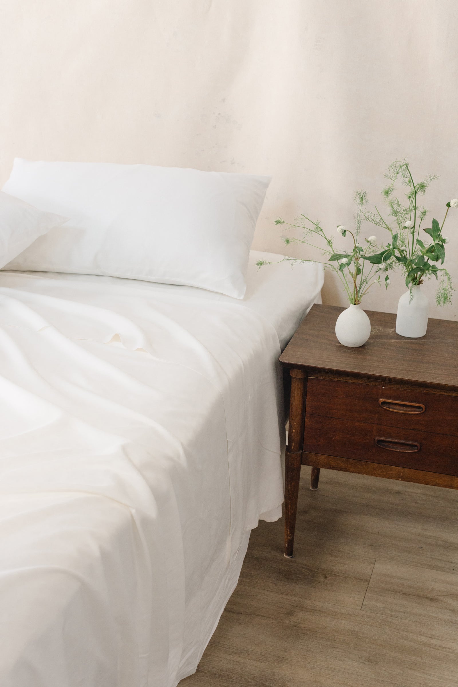 White Linen Bamboo Fitted Sheet on bed. 