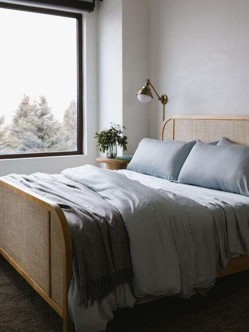 Zoomed out image of bed made with shore bedding |Color:Shore