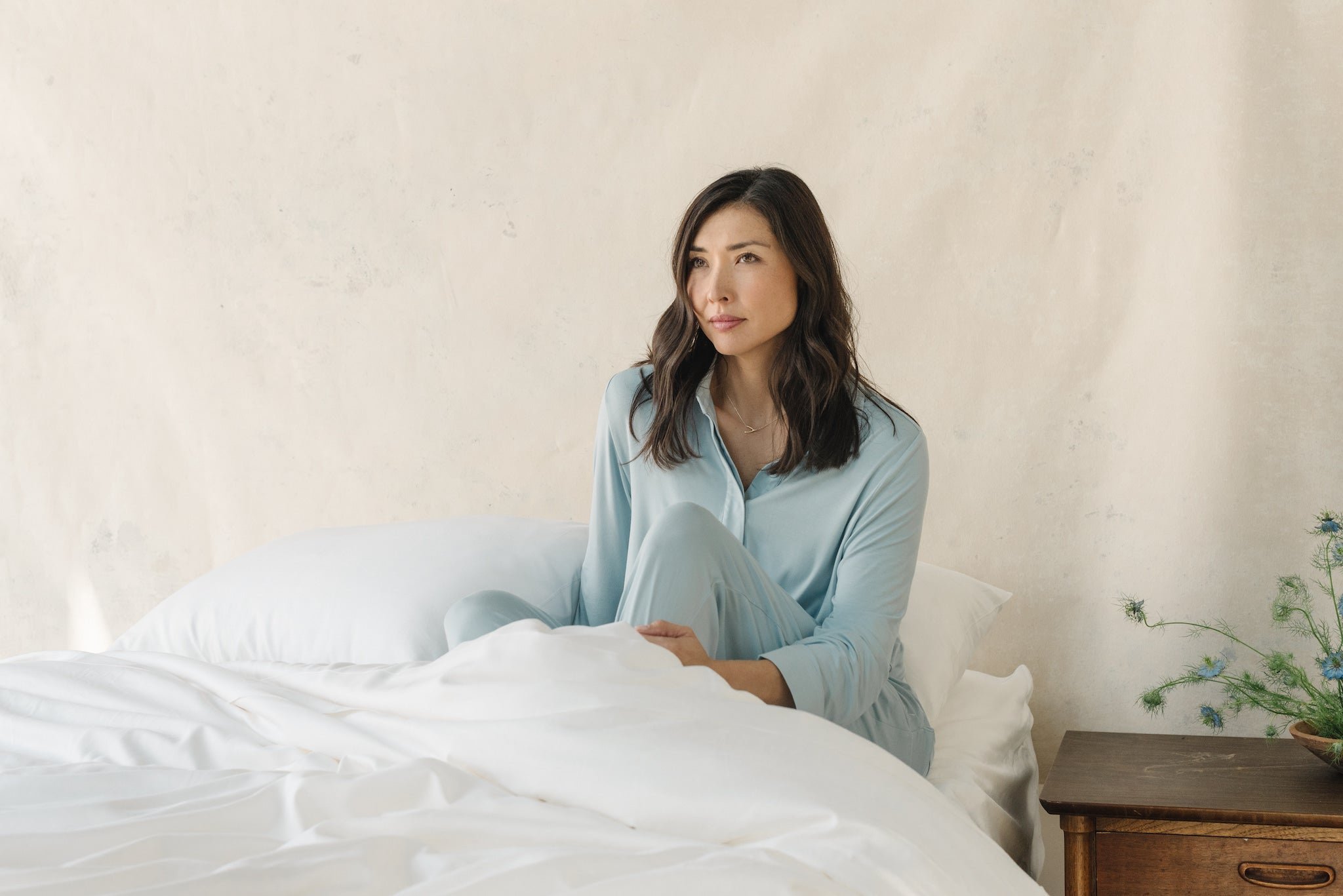 White Linen Bamboo Fitted Sheet on bed.  
