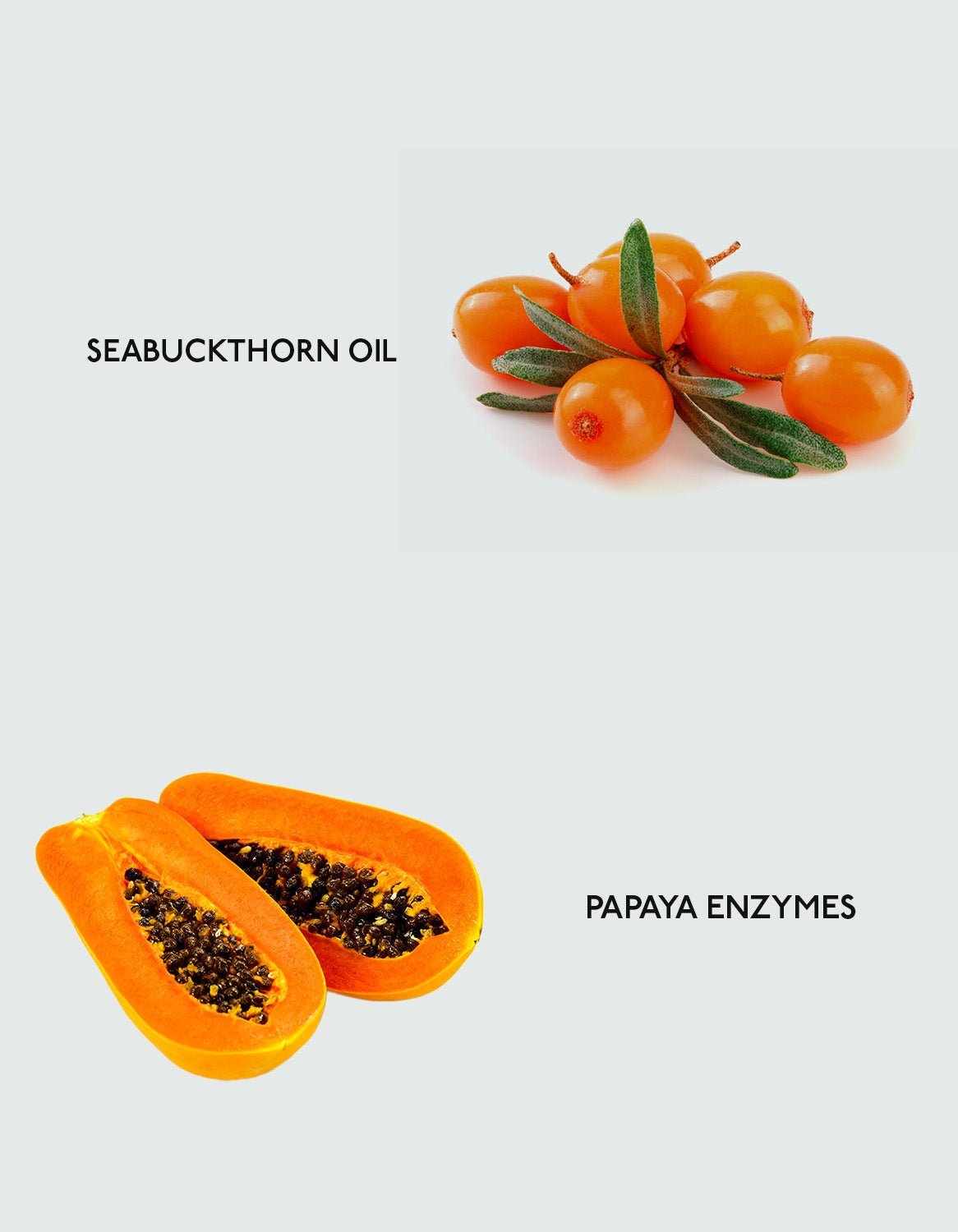 Image displaying two items: "Oil Cleanser" by Cozy Earth featuring several orange seabuckthorn berries with green leaves, and "Papaya Enzymes" showcasing a halved papaya revealing its orange flesh and black seeds.