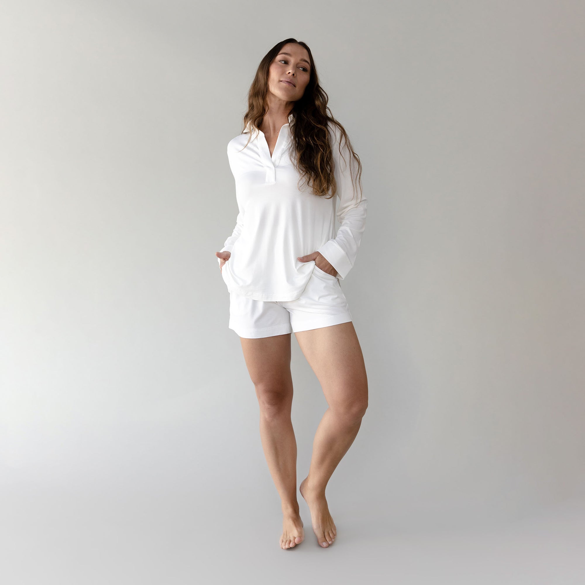 Women wearing Cozy Earth Bmboo Stretch Knit Shorts shown from the waist down 