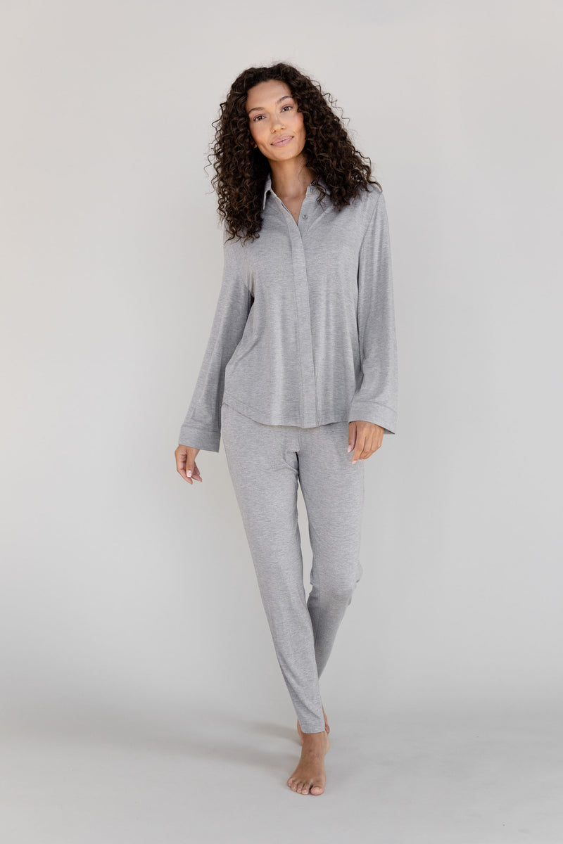 Gray Cozy Earth Stretch Knit Tapered Pant set worn by a person on a light gray background