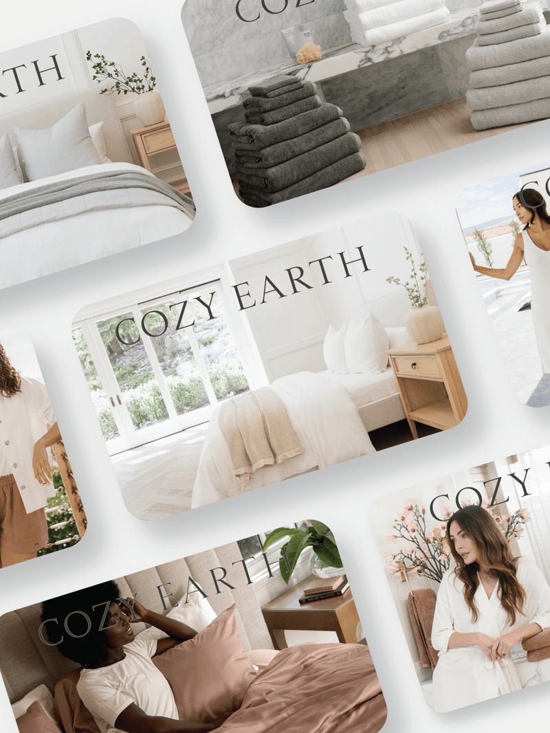 A collection of serene images depicting a variety of comfortable home settings. You’ll see a perfectly made bed, neatly stacked towels, a woman gazing out the window, another relaxing in a robe, and soft linens bathed in natural light with neutral hues. Text overlay: "COZY EARTH". Perfect for gifting with our Digital Gift Card.