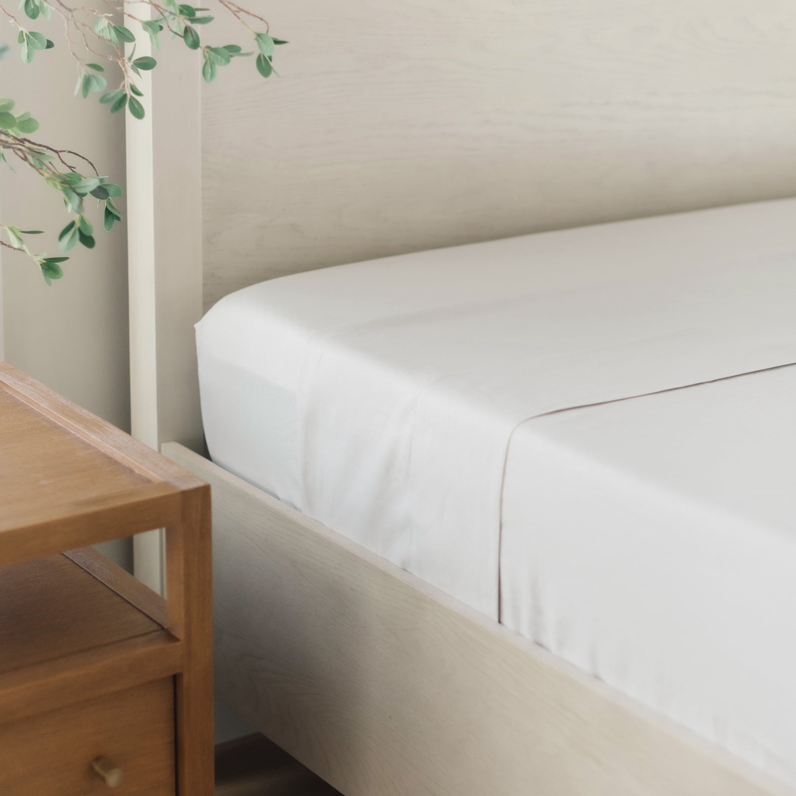 Light Grey Linen Bamboo Flat Sheet on bed. 