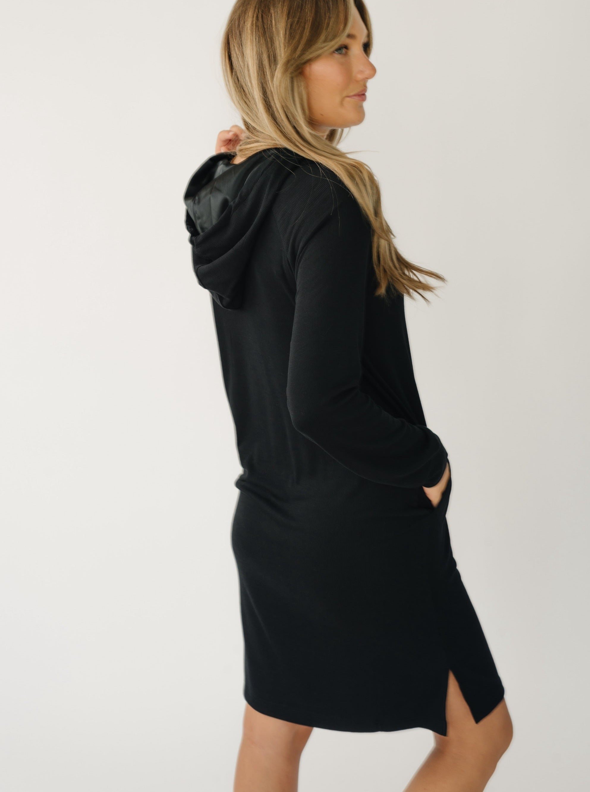 Black Women’s Rib Knit Bamboo Hoodie Dress