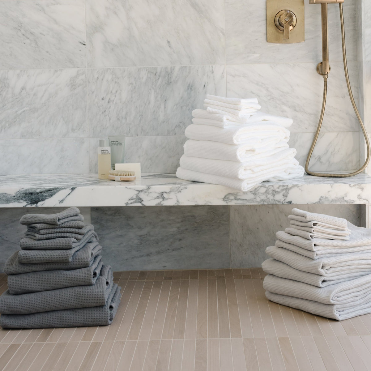 White Charcoal and Light GreyWaffle Bath Sheets