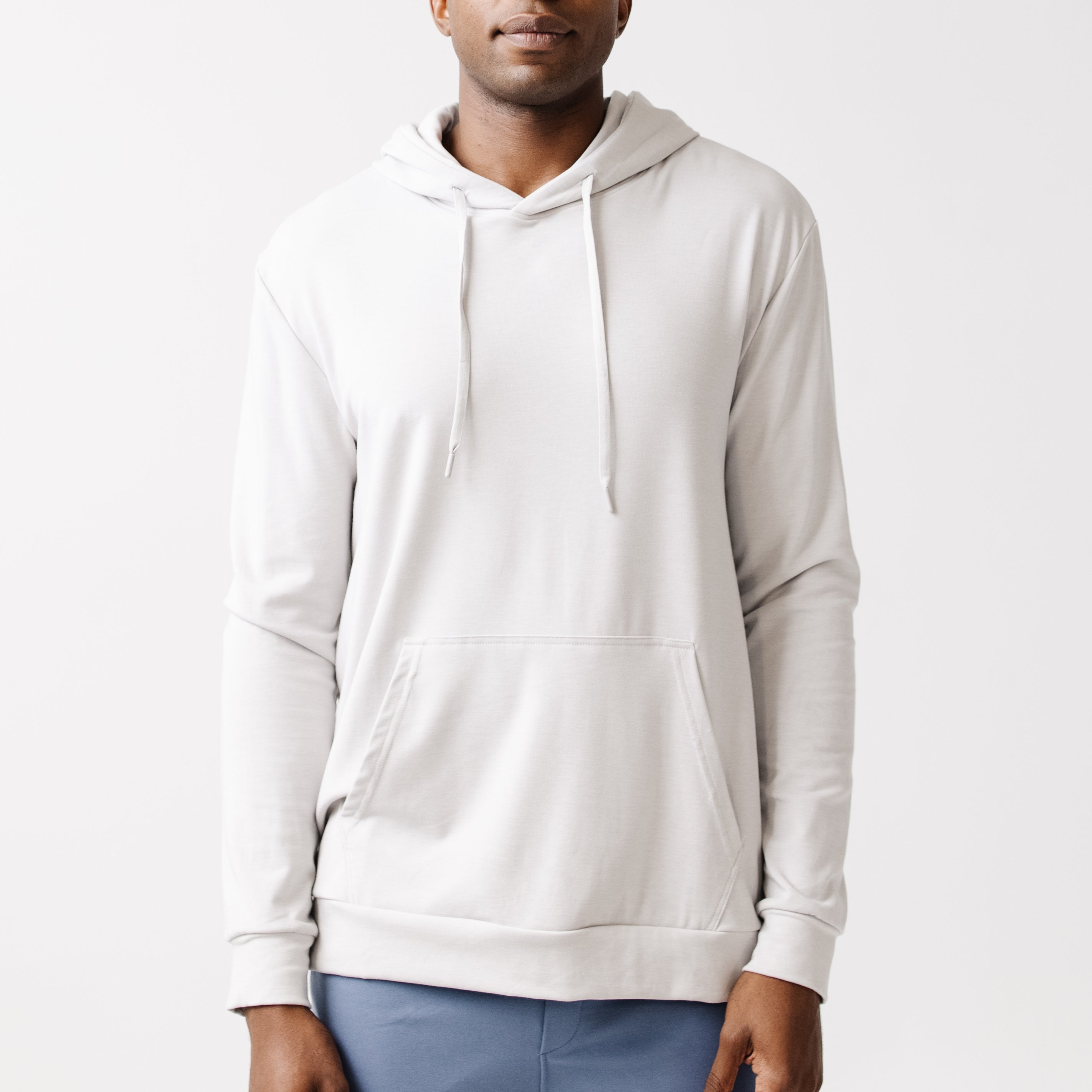 Light Grey Bamboo Hoodie worn by man standing in front of white background.|Color:Light Grey