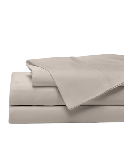A neatly folded set of beige bed sheets.